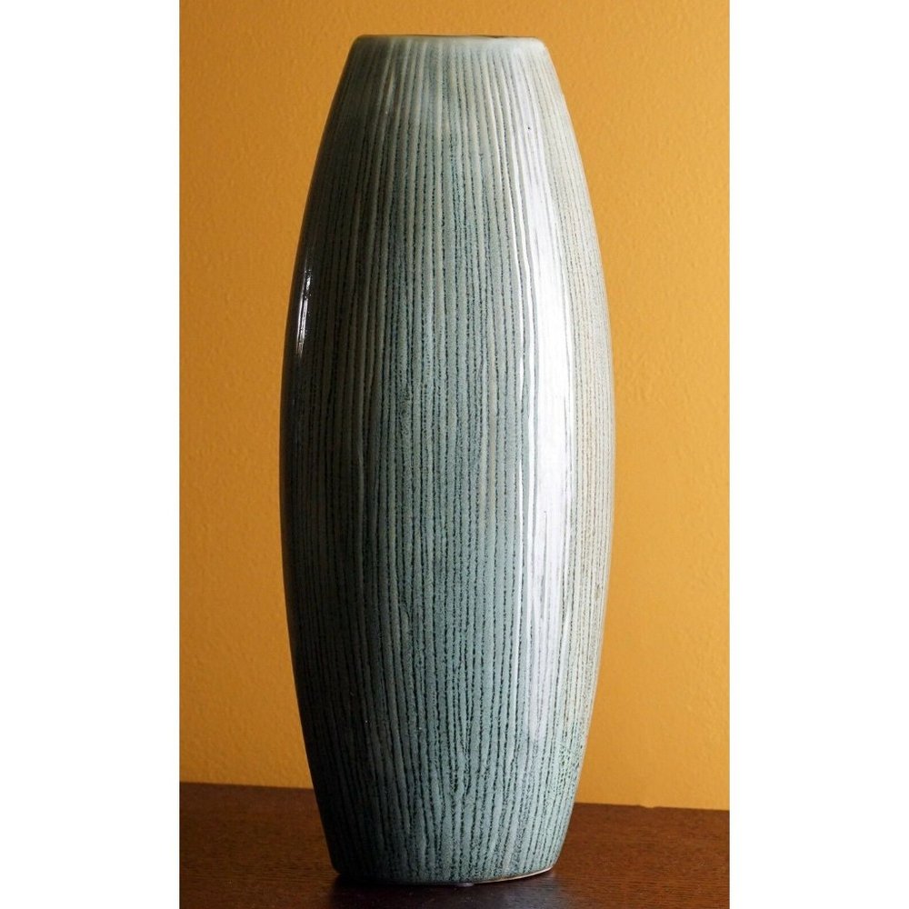 Tall 15" Oval Vertical Green Stripe Flower Vase